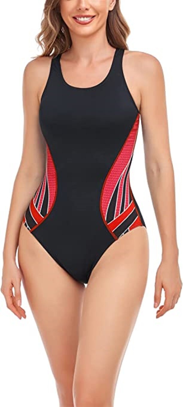 Swimsuit One Piece Thin Strap Size 40 Astrotex Red & Black Bathing Suit-image