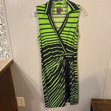 Taylor Lime Green Navy Blue Striped Faux Wrap Sleevless Dress (Women's 6)