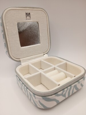 Milly Travel Jewelry Case Small Box Gray White Animal Print Mirror Zipper 
