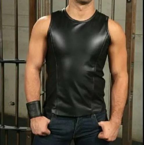 Mens Real Black Leather Sport TankTop Shirt Sleeveless Fitted