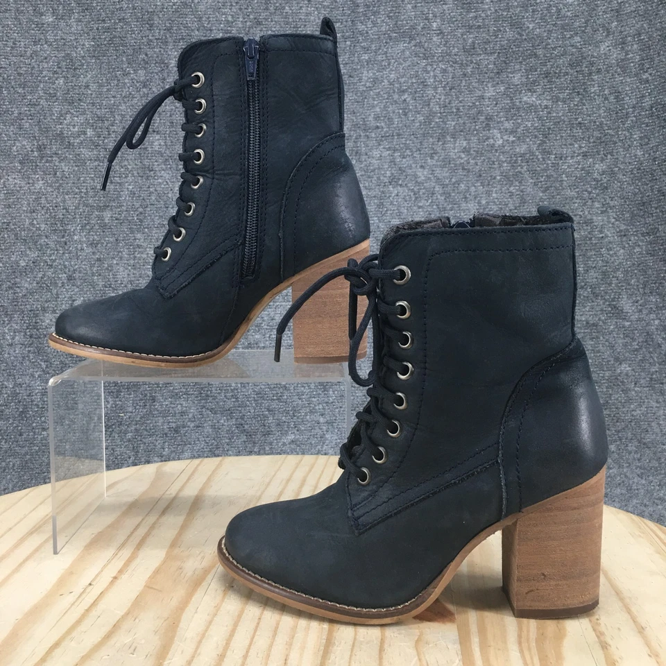 Steve Madden Boots Womens 5.5 Laurie Blue Leather Lace Up Ankle Top Block Heels - Image 2 of 4