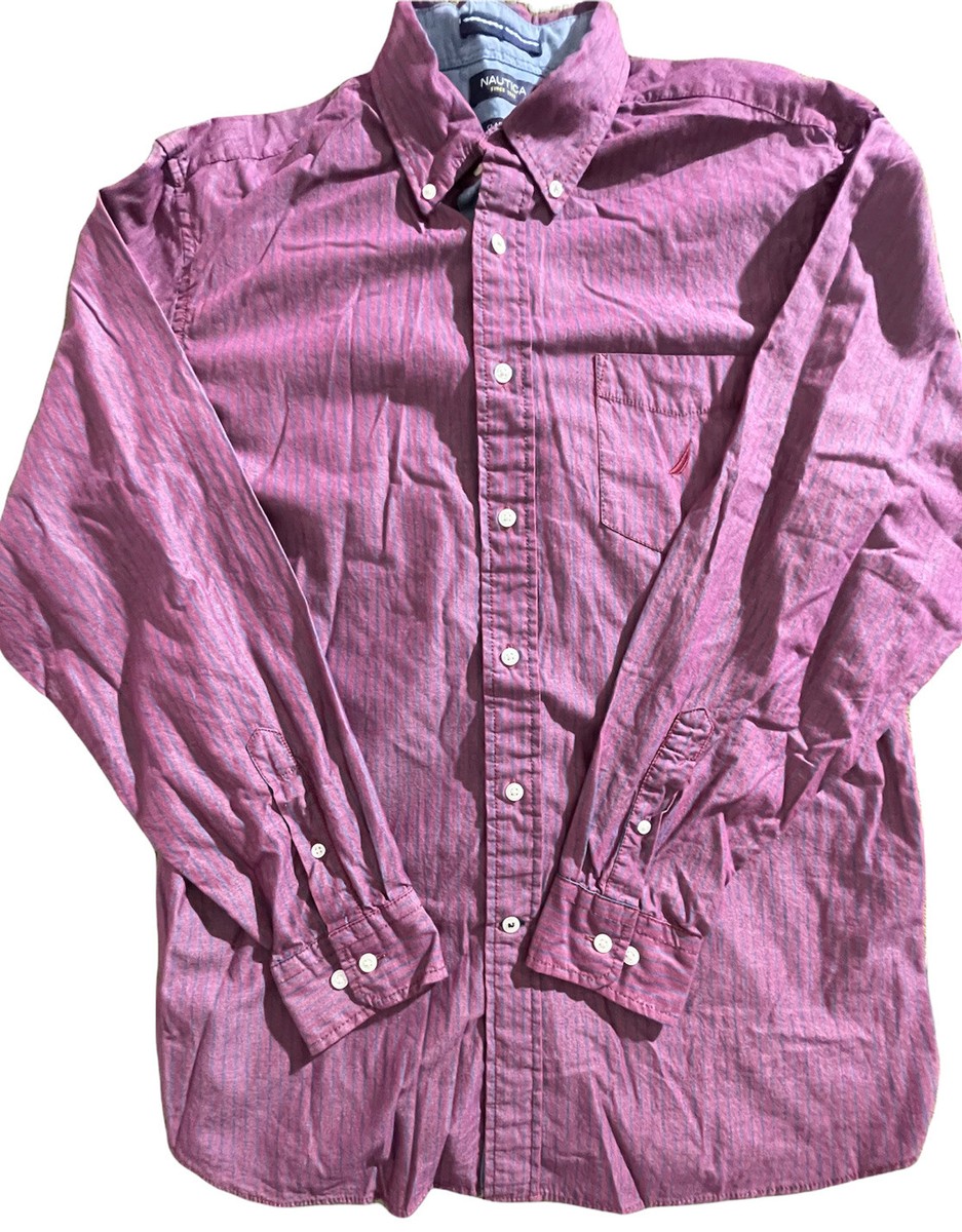 羊毛 Button Down Nautica Shirt Large Dark red blue stripe Long Sleeve