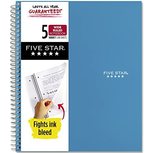 Five Star Spiral Notebook 5 Subject Wide Ruled Paper, 10.5
