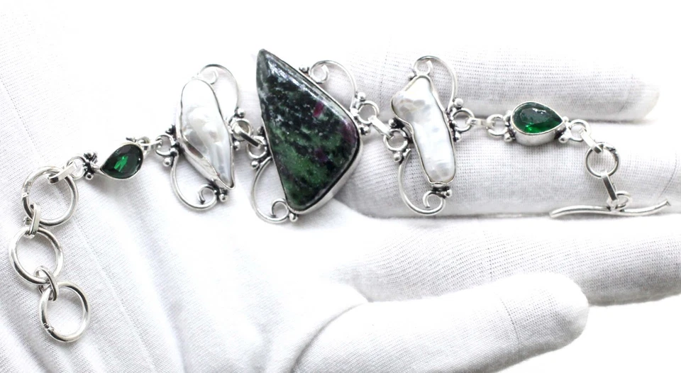 925 Sterling Silver Ruby IN Zoisite & Chrome Gemstone Jewelry Bracelet Size-7-8" - Image 2 of 2