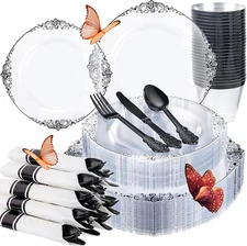175PCS Clear and Black Plastic Plates, Black Disposable Plates for 25 Guests,Inc
