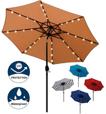 9 ft Solar Umbrella 32 LED Lighted Patio Table Market Outdoor Tilt Umbrella Tan
