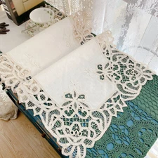 Last@Elegant Hand Flower Embroidery Batten Lace Cotton Table Runner Beige