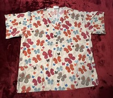 UA Scrubs Large Scrub Top Tan With Colorful Butterflies. 2 Pockets