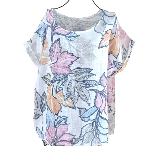 NWT Made in Italy Linen Cotton Blend Floral Print Top Size 8 / M