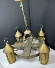 Vintage Rustic Wheel Chandelier 4 Amber Lantern Light Farmhouse Ceiling Fixture