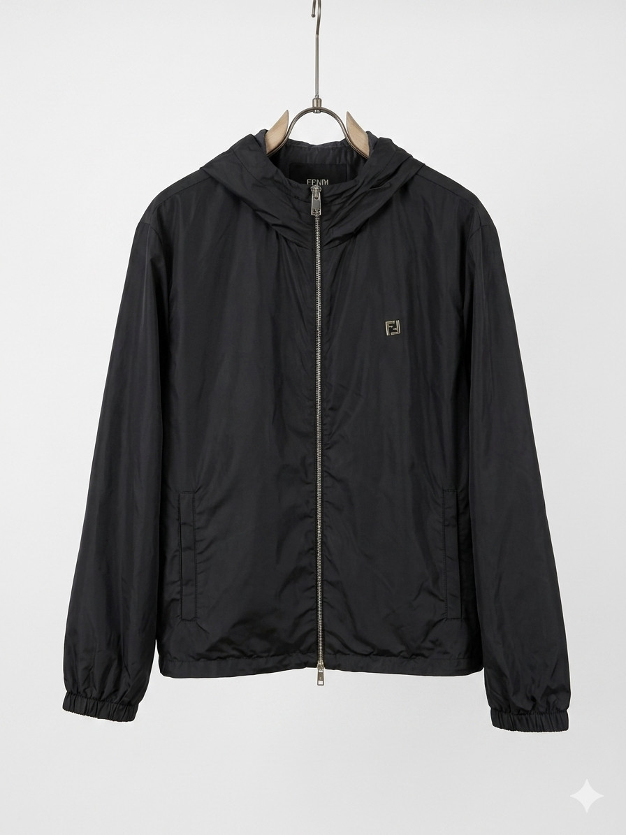 FENDI Roma Men's Luxury Windbreaker Jacket FF Monogram Lining Black Size 48 Ital