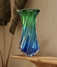 Heavy Aqua Blue Green Swirl Ribbed Multicolored Hand Blown Art Glass Vase 12 T