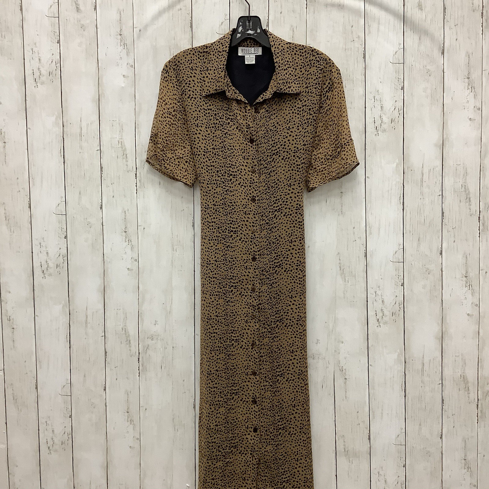 Vintage Robbie Bee Size 6 Brown Animal Print Button Up Short Sleeve Maxi Dress