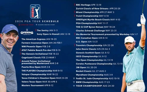 2026 PGA TOUR GOLF SCHEDULE FRIDGE MAGNET 5" X 3.5"