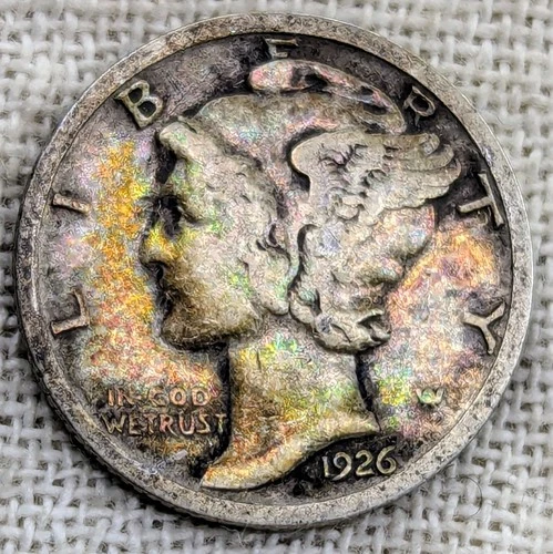 1926 Mercury Dime VG/Fine : Neon Rainbow Tone - Valuable Date (Only 5,000 Left)