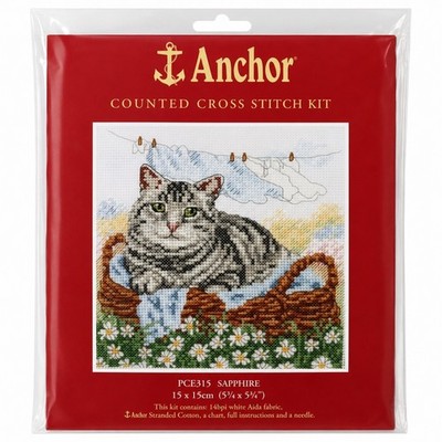 Anker gezählt Kreuzstich Set PCE315 Saphir Katze Design 15x15cm