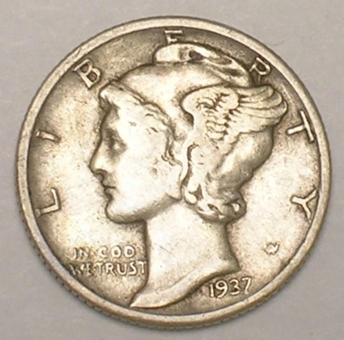 1937 Mercury Winged Head Dime 10 Cents Silver Coin VF+