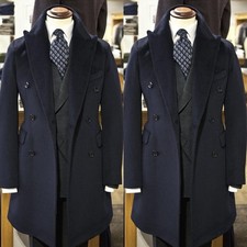 Navy Wool Men's Long Overcoat Peak Lapel Formal Business Winter Men Long Jacket