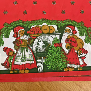 Large Vintage SWEDEN Scandinavian ~ SANTA CHRISTMAS TABLECLOTH ~ 74" x 3' wide