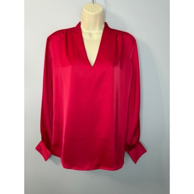 Karmamia Women s Edith V-Neck Satin Blouse Long Sleeve Hot Pink Women's S
