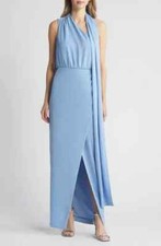 Black Halo Eve Blue Bliss Fantasia Neck Scarf One-Shoulder Column Gown 8 495