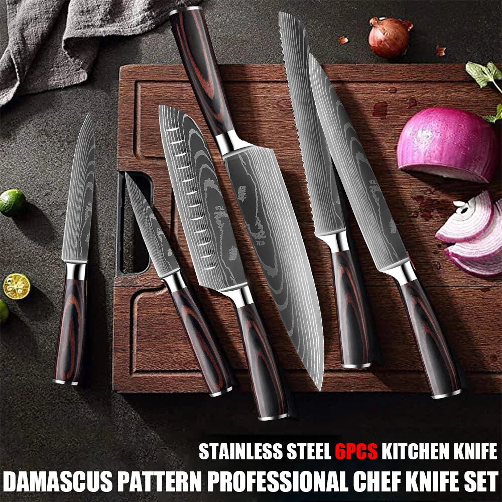 3-Piece Knives Set for Kitchen, Stainless Laser-Etched Damascus Knife Set  With Professional Chef Knife, Santoku Knife, & Paring Knife, Kitchen Knifes