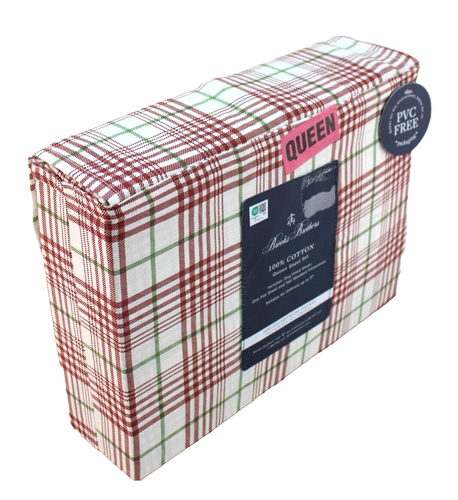 New BROOKS BROTHERS Queen Size Red / Green Plaid Sheet Set Fits 17" Mattress - Picture 3 of 8
