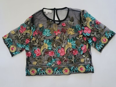 Rebellion Again Black Sheer Floral Top Size XS Boho Artsy Embroidered Festive 