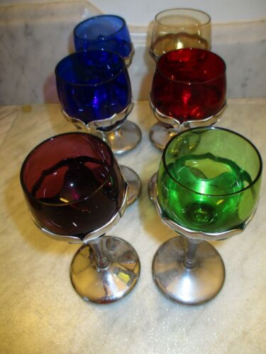 Set of 6 Cambridge Farberware - Multi-Color Glass SilverMetal Stemmed Cordials