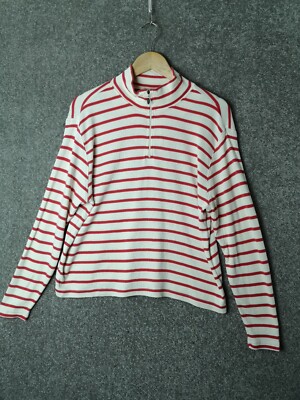 L.L. Leichter Pullover Bean rot & weiß 1/4 Reißverschluss Langarm Baumwolle - Damen XL