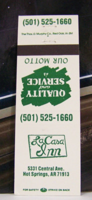 Rare Vintage Matchbook Cover K2 Hot Springs Arkansas La Casa Inn Quality Service