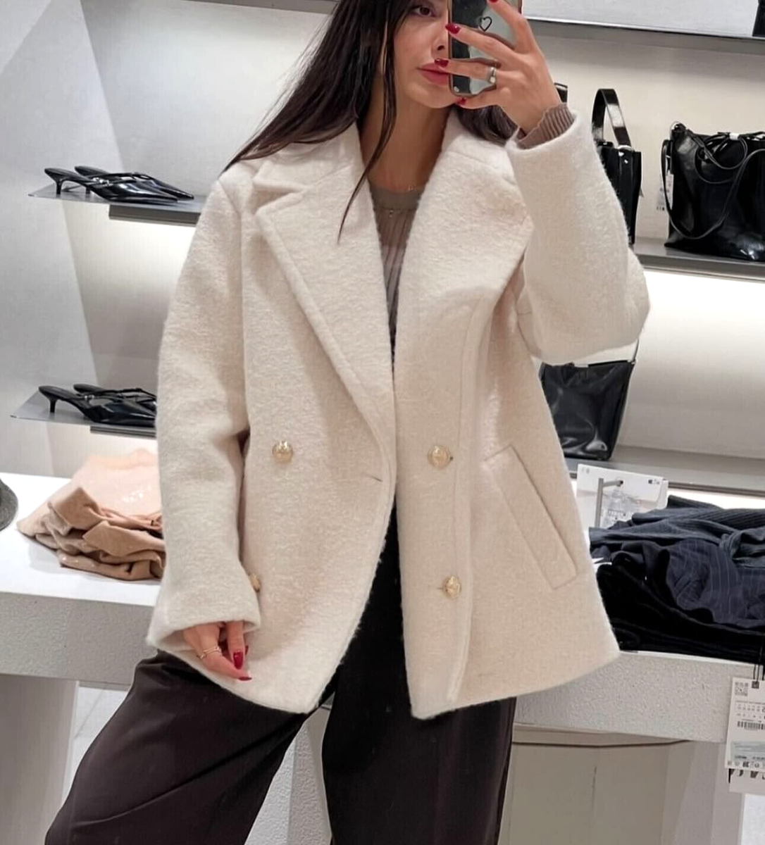 Zara Boucle Double Breasted Textured Coat Ecru White Cream Size XL