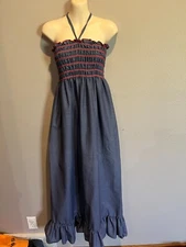 Women's Vtg SMART TIME Blue Chambray Smocked Maxi Dress Union Made USA Size S