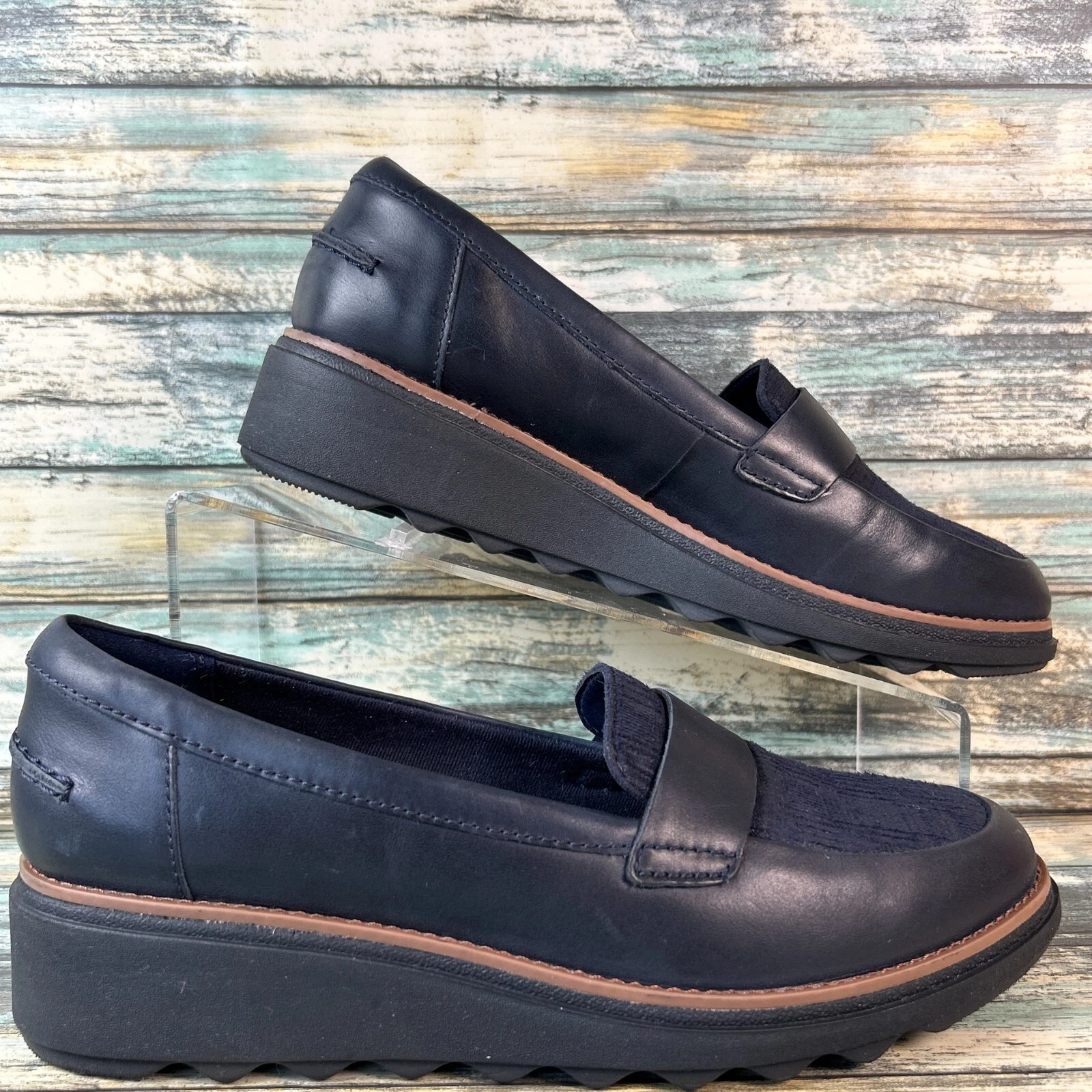 Mocassini Clarks 7 5M blu pelle punta a quadri zeppa scarpe eleganti comode leggere