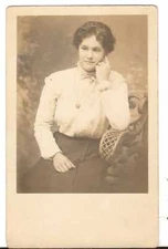 Unused Postcard RPPC Real Photo Young Brunette Girl Posing on chair necklace