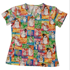Peaches Uniforms Snowman Snowflakes Glitter Multi-Color Scrub Top Womens XS
