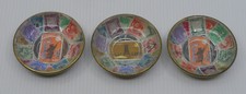 3 VINTAGE ISRAEL POSTAGE STAMP DECORATED SMALL TRINKET BOWLS, GLASS & BRASS