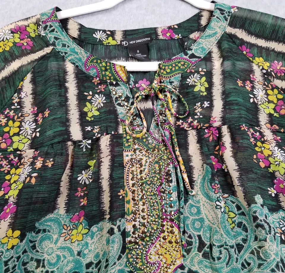 NUEVAS DIRECCIONES Top Mujer Pequeño S Floral Damasco Boho Artístico Primavera Manga 3/4 Transparente Foto 2 de 4