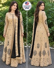 Gold Black Embroidered Anarkali Gown Indian Pakistani Party Wedding Dress 2XL