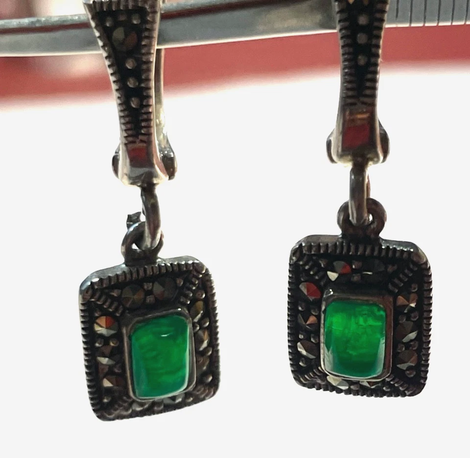 Solide 925 Silber Ohrringe Ohrhänger grüner Farbstein + Markasit im Antikstil - Bild 4 von 4