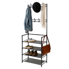 Coat and Hat Stand 8 Hooks Metal Shoe Rack 4 Tiers Shoes Shelf Hanger Black New