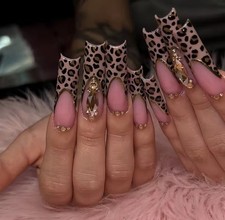 24pcs Leopard Print French Tips Long Square Nail Sets Coffin Press on Nails