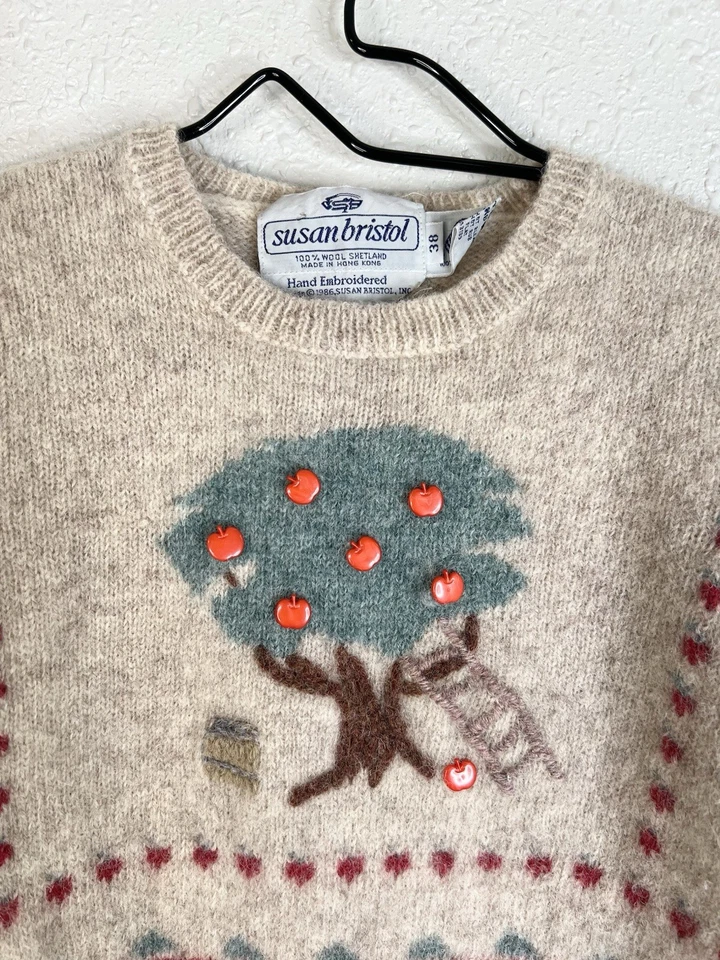 复古 80 年代设得兰群岛羊毛毛衣 S 码苹果 Orchard Country Indie Hipster — 第 4/4 张图片