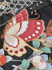 Japanese Kimono Silk Furisode Black Green Gold Detailed Colored Floral Butterfly