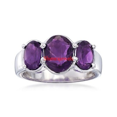 Natural Amethyst Gemstone With 18k White Gold Plated Silver Women's Ring #16