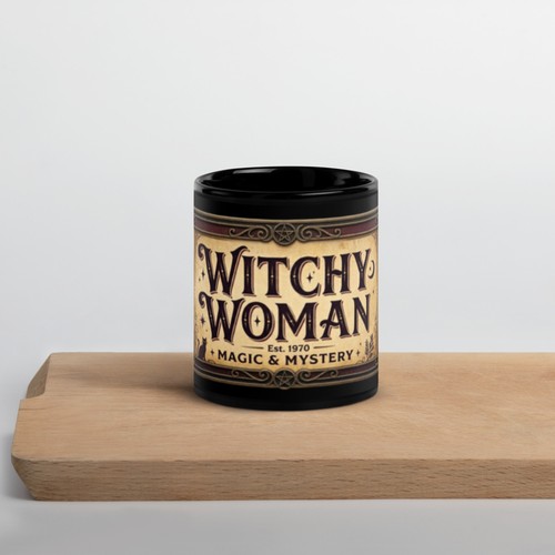 Tasse à café noire brillante femme sorcière - Photo 1/7