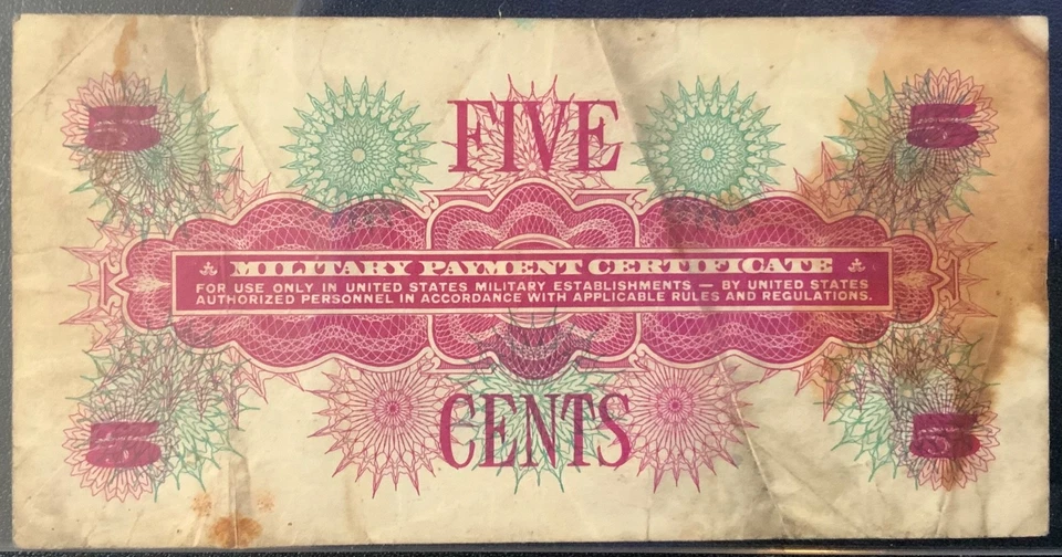 1968-1969 USA-MILITARY  PAYMENT PAPER MONEY - 5 CENTS SERIES 661 NOTE! - Image 2 of 2