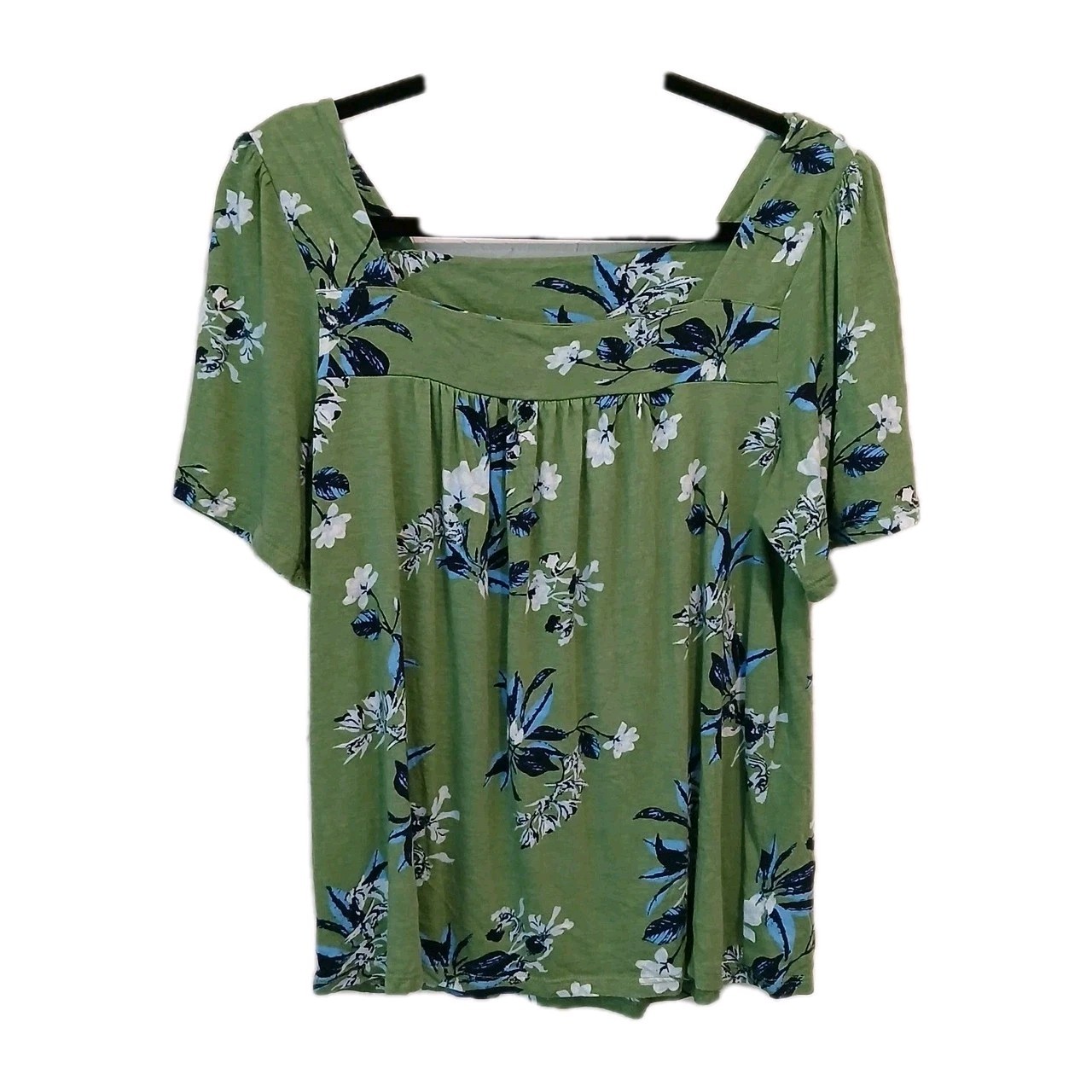 Lucky Brand Green Floral Short Sleeve Square Neck Blouse Large Flowy Cottagecore
