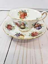 ROYAL CHELSEA TEACUP & SAUCER FRUIT CHERRIES,PEAR,BERRIES ENGLISH BONE CHINA