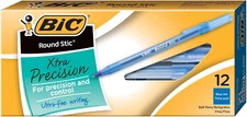 round Stic Xtra Precision Ballpoint Pen, Fine Point (0.8Mm), Blue, 12-Count